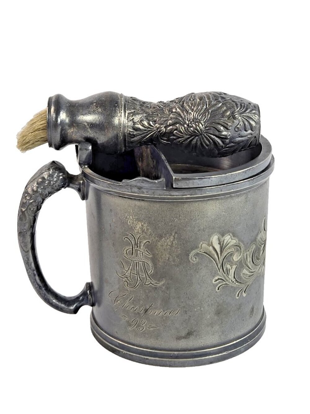Antique Silverplate Shaving Mug with Brush Victorian Barberiana Christmas 1893